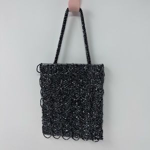 Lord And Taylor Mini Sparkle Beaded Evening Purse Steel Gray Scallop Loops